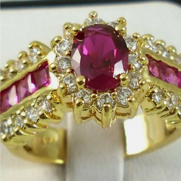 Oval Cut Ruby & White Baguette Diamond Cocktail Ring 18K Gold on 925 Silver - Picture 2 of 2